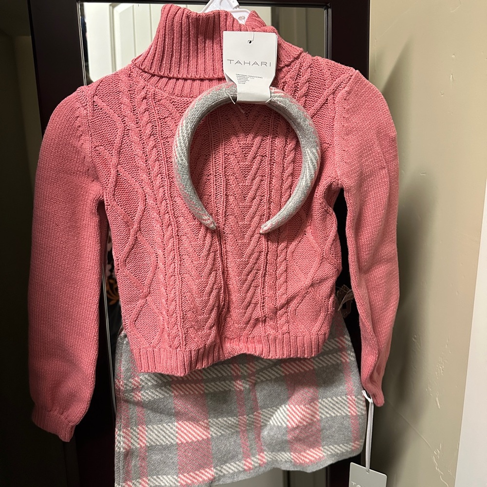 Tahari Pink Sweater and Gray Plaid Skirt Set